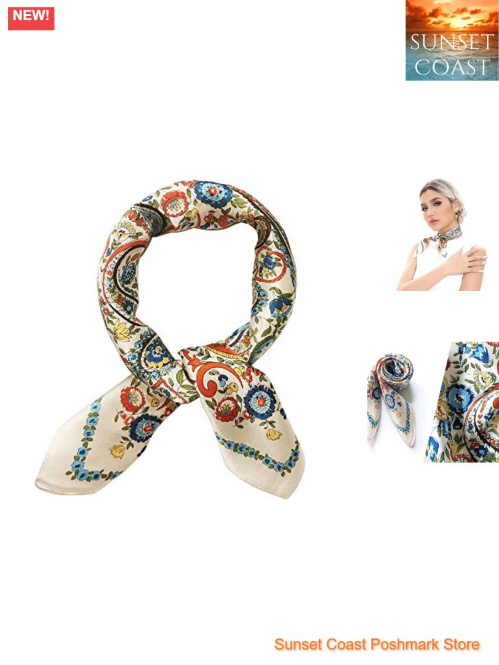 100% Mulberry Silk Scarf Women Small Square 21x21 Neckerchief Floral Print